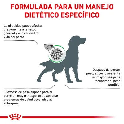 Formulada para un manejo dietético específico. La obesidad afecta la salud y calidad de vida del perro. El exceso de peso aumenta riesgos. Tras perder peso, riesgo de recuperarlo.