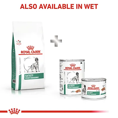 Royal Canin Satiety Weight Management shown as dry food and wet food cans, with text stating also available in wet.