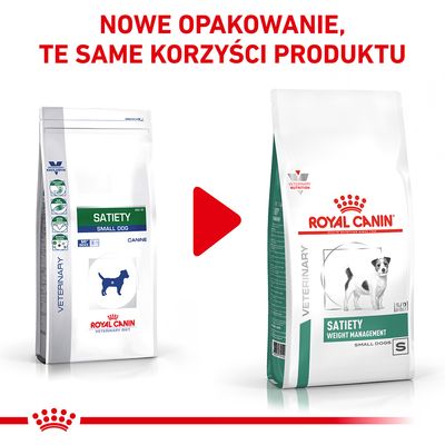 Nowe opakowanie karmy Royal Canin Satiety Small Dog. Po lewej stare opakowanie, po prawej nowe z napisem Satiety Weight Management Small Dogs.