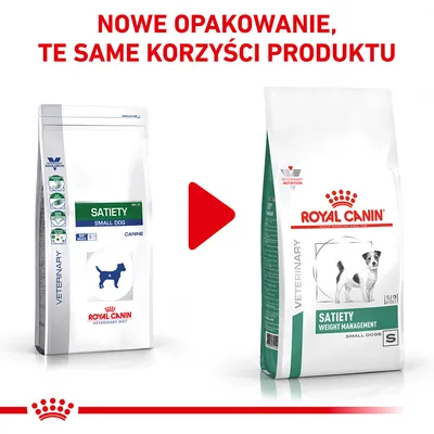 Nowe opakowanie karmy Royal Canin Satiety Small Dog. Po lewej stare opakowanie, po prawej nowe z napisem Satiety Weight Management Small Dogs.