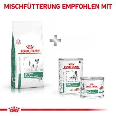 Royal Canin Satiety Weight Management za majhne pse. Priporočeno mešano hranjenje s suho in mokro hrano. Vidne embalaže suhe in mokre hrane.