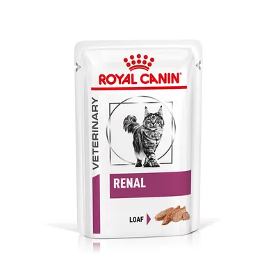 Sachet Royal Canin Veterinary RENAL pour chat, texte visible : LOAF, image d’un chat et portion de pâtée. Emballage blanc avec bande violette. Sachet Royal Canin Veterinary RENAL pour chat, texte visible : LOAF, image d’un chat et portion de pâtée. Emballage blanc avec bande violette.