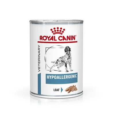 Royal Canin Veterinary Hypoallergenic Loaf, puszka z ilustracją psa i kawałkami karmy. Widoczne napisy: HYPOALLERGENIC, LOAF, VETERINARY.