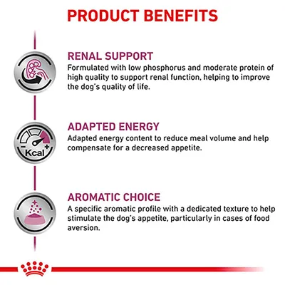Product benefits: renal support with low phosphorus and moderate protein, adapted energy to reduce meal volume, aromatic choice to stimulate appetite in cases of food aversion.