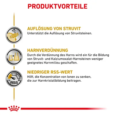 Produktvorteile: Auflösung von Struvit, unterstützt die Auflösung von Struvitsteinen. Harnverdünnung, schafft weniger geeignetes Harnmilieu. Niedriger RSS-Wert, senkt Ionenkonzentration.