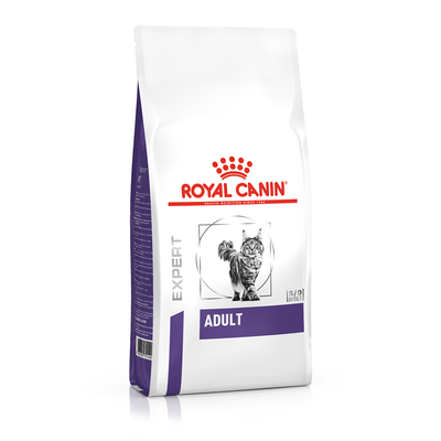 Confezione di crocchette per gatti Royal Canin Expert Adult, immagine di un gatto sul fronte, testo visibile: 'EXPERT', 'ADULT', 'S/O INDEX'.