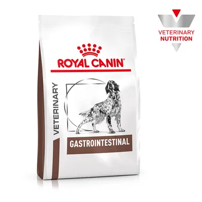 Royal Canin Veterinary Gastrointestinal hrană pentru câini, ambalaj cu imagine de câine și logo pentru Veterinary Nutrition.