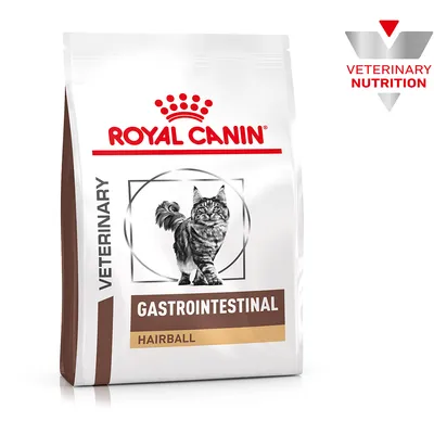 Royal Canin Veterinary Gastrointestinal Hairball macskaeledel, barna és arany színű csomagolás, macska látható. Veterinary Nutrition logó látható.