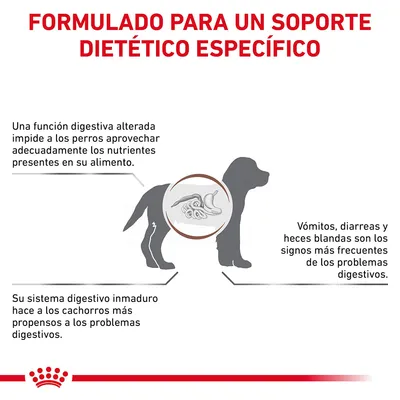 Formulado para un soporte dietético específico. Problemas digestivos en perros: función alterada, sistema inmaduro en cachorros, vómitos, diarreas y heces blandas como signos frecuentes.