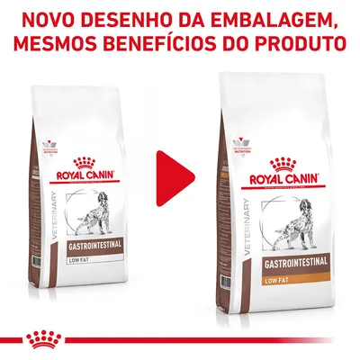 Novo desenho da embalagem Royal Canin Gastrointestinal Low Fat para cães, mesma fórmula. Texto: 'Novo desenho da embalagem, mesmos benefícios do produto'.