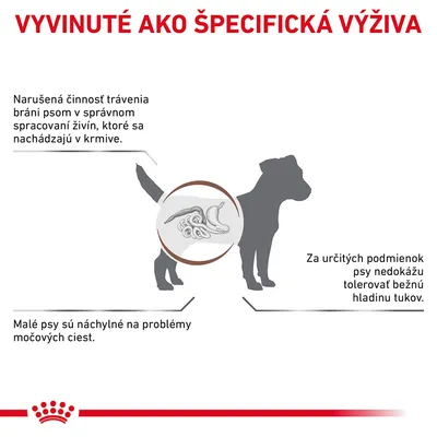 VYVINUTÉ AKO ŠPECIFICKÁ VÝŽIVA. Narušená činnosť trávenia bráni psom v spracovaní živín. Malé psy sú náchylné na problémy močových ciest. Psy niekedy netolerujú bežnú hladinu tukov.