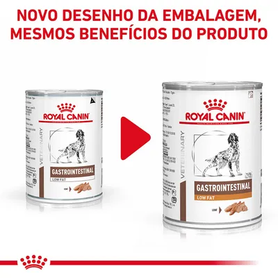 Novo desenho da embalagem Royal Canin Gastrointestinal Low Fat para cães, mesmos benefícios do produto. Duas latas com rótulos diferentes visíveis.