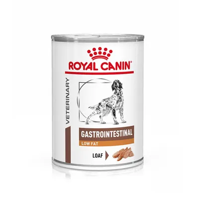 Royal Canin Veterinary Gastrointestinal Low Fat Loaf konzerv kutyáknak, fehér dobozon barna felirat és kutya illusztráció látható. Royal Canin Veterinary Gastrointestinal Low Fat Loaf konzerv kutyáknak, fehér dobozon barna felirat és kutya illusztráció látható.