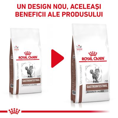 Royal Canin Gastrointestinal Moderate Calorie pentru pisici, ambalaj vechi și nou. Text: Un design nou, aceleași beneficii ale produsului.