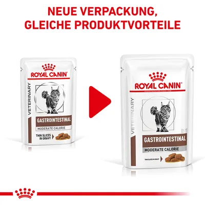 Nouvel emballage Royal Canin Gastrointestinal Moderate Calorie pour chat, texte en allemand : NEUE VERPACKUNG, GLEICHE PRODUKTVORTEILE. Deux sachets montrés, ancien et nouveau design.