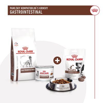 Royal Canin Gastrointestinal: balení granulí, konzerva a pamlsky Treats 200 g, miska s krmivem. Text: Pamlsky kompatibilní s krmivy Gastrointestinal.