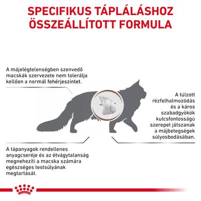 SPECIFIKUS TÁPLÁLÁSHOZ ÖSSZEÁLLÍTOTT FORMULA. A májelégtelenségben szenvedő macskák szervezete nem tolerálja kellően a normál fehérjeszintet. A tápanyagok rendellenes anyagcseréje és az étvágytalanság megnehezíti a testsúly megtartását. A túlzott rézfelhalmozódás és a káros szabadgyökök kulcsfontosságú szerepet játszanak a májbetegségek súlyosbodásában.