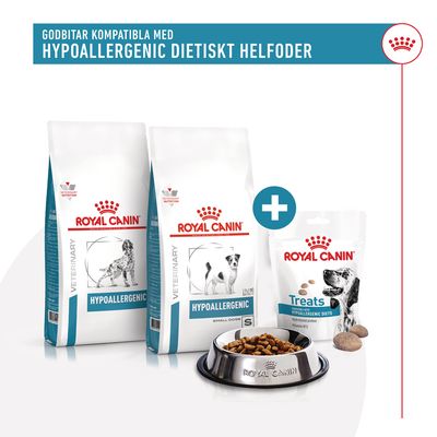 Royal Canin Hypoallergenic dietfoder för hund, två påsar och en påse Treats godbitar. Text: Godbitar kompatibla med Hypoallergenic dietiskt helfoder.