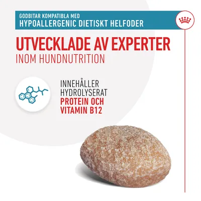 Godbitar kompatibla med hypoallergenic dietiskt helfoder. Utvecklade av experter inom hundnutrition. Innehåller hydrolyserat protein och vitamin B12.