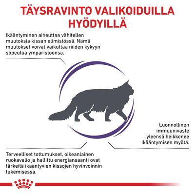 TÄYSRAVINTO VALIKOIDUILLA HYÖDYILLÄ. Ikääntyminen aiheuttaa muutoksia kissan elimistössä, immuunivaste heikkenee ja oikea ruokavalio tukee ikääntyvien kissojen hyvinvointia.