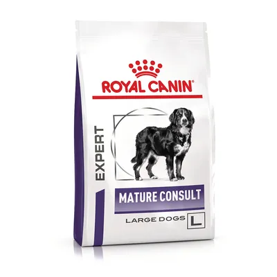 Pachet Royal Canin Expert Mature Consult Large Dogs L, imagine cu un câine mare pe ambalaj. Text vizibil: MATURE CONSULT, LARGE DOGS, EXPERT.
