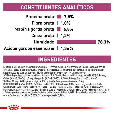Constituintes analíticos: proteína bruta 7,5 %, fibra bruta 1,0 %, matéria gorda bruta 6,5 %, cinza bruta 1,2 %, humidade 78,3 %, ácidos gordos essenciais 1,36 %. Ingredientes detalhados visíveis.