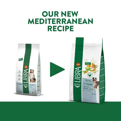LIBRA dog food packaging change, old and new bags shown with 'OUR NEW MEDITERRANEAN RECIPE' text above. Both bags display LIBRA brand, chicken, +7 years, Mediterranean Balance.