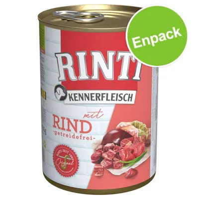 Rinti Kennerfleisch mit Rind getreidefrei, Enpack. Bild på konservburk med nötköttsbitar och grönsaker på etiketten. Text på tyska. Rinti Kennerfleisch mit Rind getreidefrei, Enpack. Bild på konservburk med nötköttsbitar och grönsaker på etiketten. Text på tyska.
