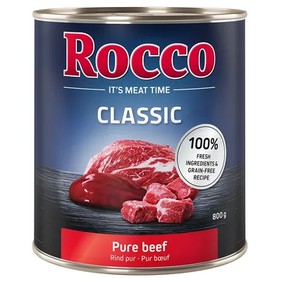 Boîte Rocco Classic Pure beef 800 g, texte visible : 100 % fresh ingredients & grain-free recipe, It's meat time, Rind pur – Pur bœuf.