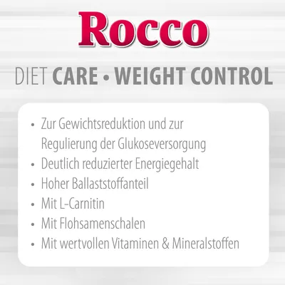 Rocco DIET CARE WEIGHT CONTROL. Zur Gewichtsreduktion und zur Regulierung der Glukoseversorgung, deutlich reduzierter Energiegehalt, hoher Ballaststoffanteil, mit L-Carnitin, Flohsamenschalen, Vitaminen & Mineralstoffen. Текст на немецком языке.