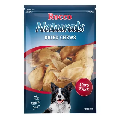 Rocco Naturals Dried Chews, 100 % ører, genlukkelig emballage, 10 stk. Hund vist på emballagen.