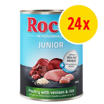 Rocco Junior 400 g purkki, näkyvissä teksti: Poultry with venison & rice, supports healthy growth, 24x. Kuvassa lihaa ja riisiä. Pakkaus sininen.