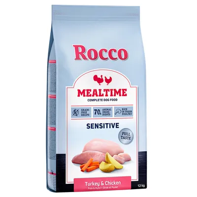 Rocco Mealtime Sensitive, bezzbożowa receptura, 70% składników zwierzęcych, bogaty w świeży drób, smak indyk i kurczak, 12 kg.