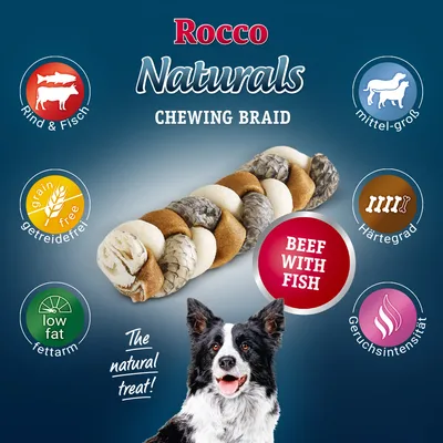 Rocco Naturals Chewing Braid aus Rind und Fisch, getreidefrei, fettarm. Härtegrad und Geruchsintensität angegeben. Geeignet für mittelgrosse Hunde. Text: 'Beef with Fish' und 'The natural treat!'.