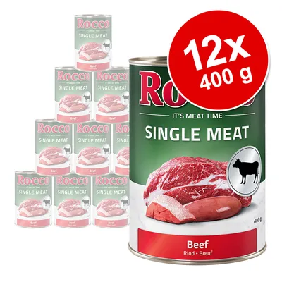 Rocco Single Meat Beef, balení 12×400 g. Na etiketě je obrázek hovězího masa a silueta krávy. Text: IT'S MEAT TIME, SINGLE MEAT, Beef, Rind, Boeuf.