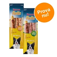 Rocco Rolls Big Rolls, XL chewing fun! med Chicken Breast Fillet och Duck Breast Fillet. Orange cirkel med texten Prova nu!
