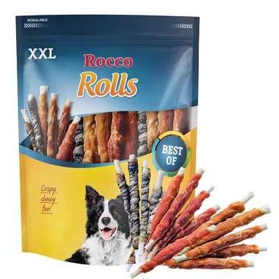 Rocco Rolls XXL, Best Of. Crispy, chewy treats. Packaging with assorted chew sticks and dog image.