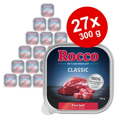 Lot de 27 barquettes Rocco Classic Pure beef, 300 g chacune. Texte visible : 100 % fresh ingredients & grain-free, Rind pur – Boeuf pur.