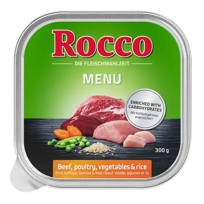 Rocco Menú en tarrinas 27 x 300 g - Pack Ahorro - Vacuno con ave, verduras y arroz