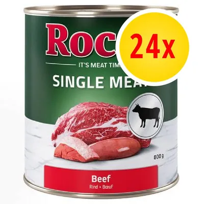 Rocco Single Meat Beef, confezione da 24x800 g. Etichetta con carne di manzo e scritta 'Beef Rind Boeuf'. Simbolo mucca visibile sulla lattina. Rocco Single Meat Beef, confezione da 24x800 g. Etichetta con carne di manzo e scritta 'Beef Rind Boeuf'. Simbolo mucca visibile sulla lattina.
