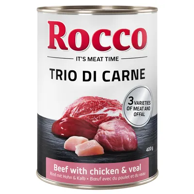 Rocco Trio di Carne, lata de 400g. Ternera con pollo y ternera de leche. Tres tipos de carne y despojos.