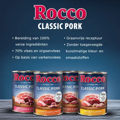 Rocco Classic Pork natvoer, 70% vlees en orgaanvlees, op basis van varkensvlees, graanvrij, zonder kunstmatige kleur- en smaakstoffen. Blikken met varianten: kip & kalkoen, rund & lam, rund & kip.
