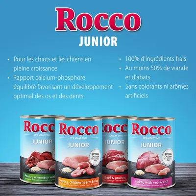 Rocco Junior – Pour chiots et chiens en croissance, rapport calcium-phosphore équilibré, 100 % ingrédients frais, min. 50 % viande et abats, sans colorants ni arômes artificiels.