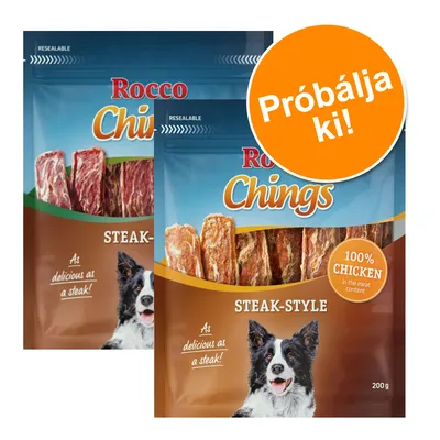 Rocco Chings Steak-Style kutyajutalomfalat csomagolás, 100% chicken felirattal, narancssárga körben: Próbálja ki! Látható egy kutya képe is a csomagon.