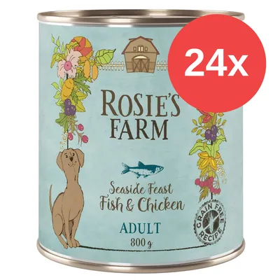 Lata de comida para perros Rosie’s Farm Seaside Feast Fish & Chicken, Adult, 800 g. Paquete de 24 unidades. Texto visible: Grain Free Recipe.