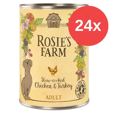 Lata de comida para perros adultos Rosie's Farm, Slow-cooked Chicken & Turkey, receta sin cereales, pack de 24 unidades. Texto visible en inglés.