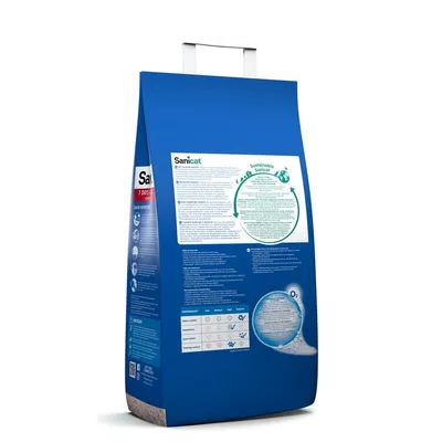 Sanicat cat litter, sustainable packaging, performance table with criteria: colour control, absorption, odour control, tracking control. Text on sustainability and product details.