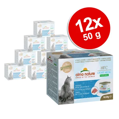 Almo Nature HFC Light Meal Natural, 12×50 g, balení s obrázkem kočky a konzervy, text: tonno dell’Atlantico, 4x50g, zvýrazněno množství 12x50 g v červeném kruhu.