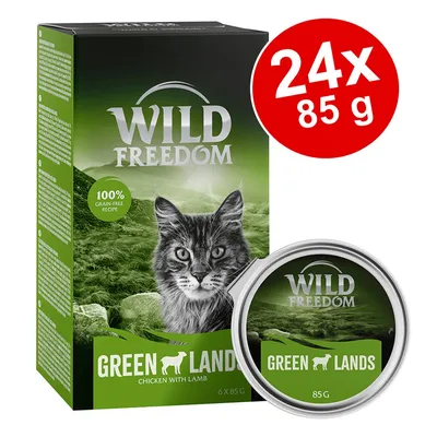 Wild Freedom Green Lands, 24×85 g, kuře s jehněčím, 100% grain-free recipe, balení a miska s obrázkem kočky a zelenou krajinou