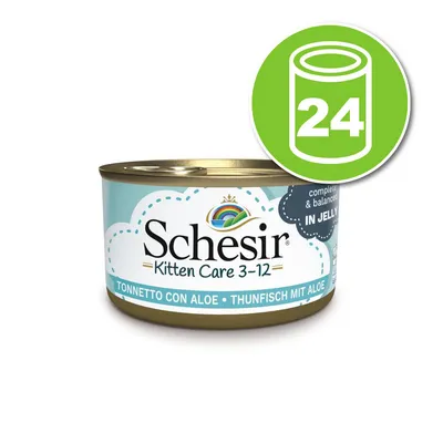 Schesir Kitten Care 3–12, thon avec aloe, boîte en gelée. Lot de 24 boîtes indiqué par un pictogramme vert avec le chiffre 24.